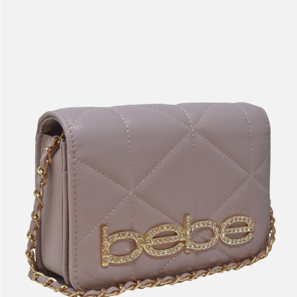NWT BEBÉ zaza Quilted Crossbody Bag Taupe Chain Strap Logo Rhinestone Accents